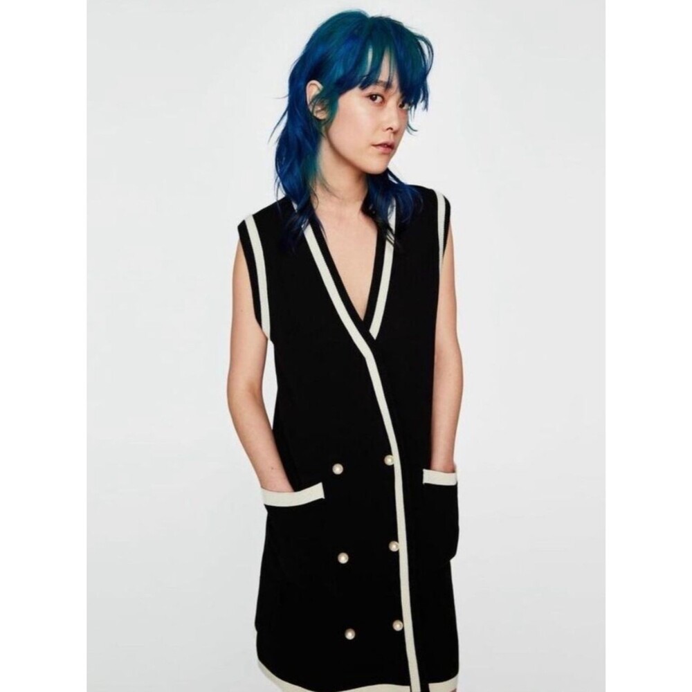 Zara Double Breasted Pearl Button Sleeveless Sweater Dress Black Medium